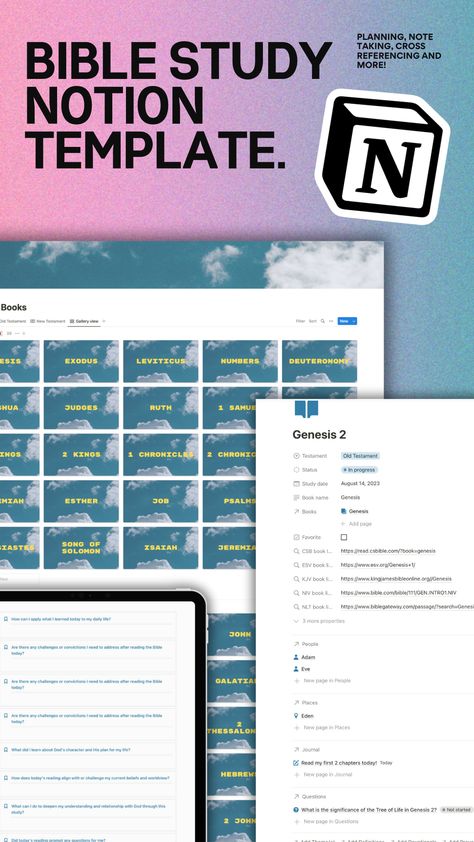 "Faith Meets Technology - Interactive Bible Journal on Notion 🌟📚 | Digital Devotion Notion Bible Study, Prayer Tracker, Digital Bible Study, Bible Study Template, Meal Prep Planner, Notion Planner, Study Notebook, Bible Study Tips, Faith Journey
