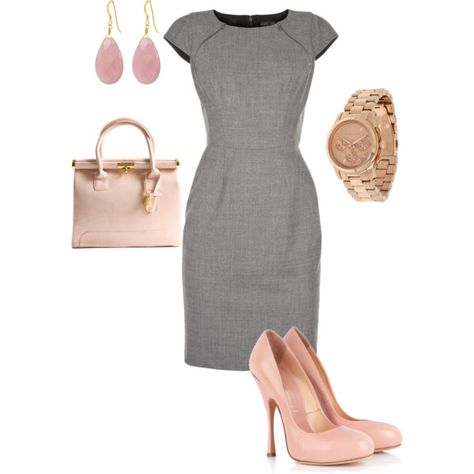 I'm a sucker for pink....especially love this bag. Look Working Girl, Dress And Shoes, Grey Dress, Work Wardrobe, Work Attire, Office Outfits, Work Fashion, Look Chic, Gray Dress