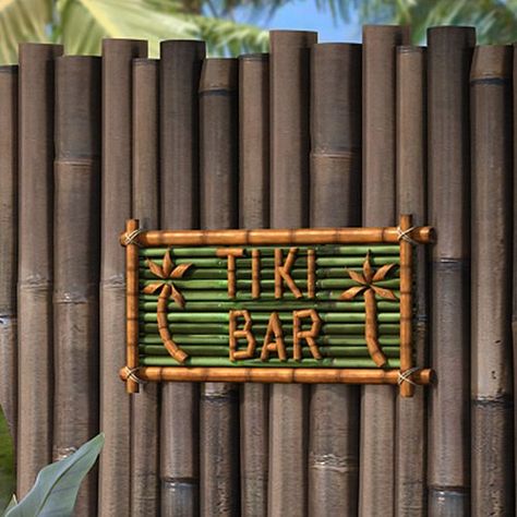 Bamboo Signage, Tiki Bars Diy, Diy Signage, Coastal Chinoiserie, Tikki Bar, Hawaii Birthday, Finish A Basement, Outdoor Tiki Bar, Tiki Signs