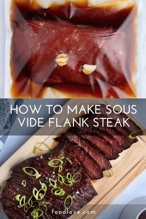 How to make perfect sous vide flank steak: juicy, tender and teriyaki-marinated. #sousviderecipe #sousvidesteak #flanksteakrecipe | FoodLove.com Sous Vide Flank Steak, Sous Vide Fajitas Steak, Sous Vide Flank Steak Recipe, Flank Steak Sous Vide, Sous Vide Recipes Beef, Sous Vide Chuck Steak, Sous Vide Sirloin Steak, Sousvide Recipe, Asian Flank Steak