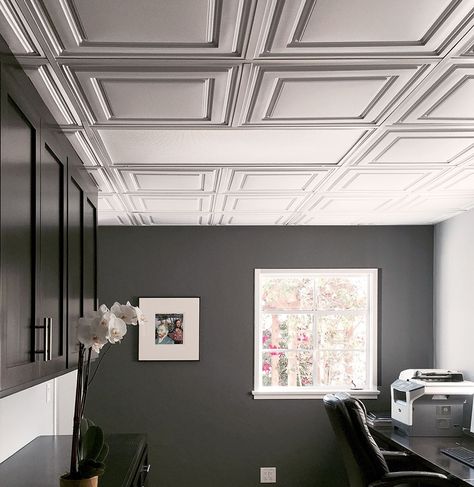 This office drop ceiling is anything but basic with our beautiful Stratford Ceiling Tiles in White. Drop Ceiling Options, Black Drop Ceiling Tiles, Office Ceiling Tiles, Drop Ceiling Ideas, Basement Ceiling Tiles, Embossed Ceiling, Basement Ceiling Ideas Cheap, Drop Ceiling Basement, Ceiling Alternatives