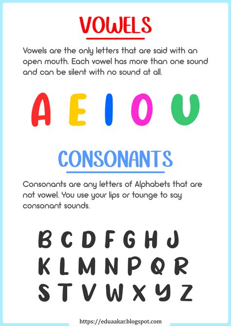 Teach Vowels, Resume Words Skills, Vowel Lessons, Vowel Chart, Vowels And Consonants, Teaching Vowels, Teach English To Kids, Cvc Words Kindergarten, Vowel Worksheets