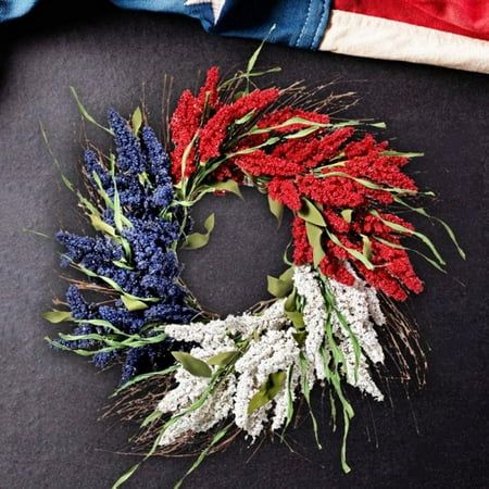 Patriotic Wreath for Front Door, Red White Blue Artificial Wreath for Wall American 4th of July Wreath Hanging Decorations Wreath for Independence Day Memorial Day Veterans Day Shape: Round Material: Straw Whether it can be customized: no size :Diameter 45cm  Natural Materials --- The 4th of July garland decoration is hand-woven using traditional rattan and PVC materials. Not easy to fade, durable.  Independence Day Decoration --- Patriotic garland decoration can be hung indoors and outdoors, front door, living room, fireplace, cabinets, walls, windows, shelves and many other places. Celebrate July 4th, Memorial Day or any time of the year.  High Quality Door Wreath---This Patriotic Red White and Blue Rice Ear Sun group Decorative Door Hanging Garland is made of lots of rattan with berry r July 4th Wreaths For Front Door, 4th Of July Garland, Fireplace Cabinets, Patriotic Garland, Themed Wreaths, Mesh Door Wreaths, Blue Rice, Patriotic Flowers, July Flowers