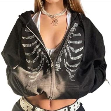 Women's Y2k Zip Up Hoodie Rhinestone Skeleton Hooded Pullover Sweatshirt Graphic Aesthetic E-Girl 90s Streetwear Jacket Rhinestone Skeleton, Punk Hoodie, Womens Oversized Sweatshirts, Y2k Rhinestone, Streetwear Coat, Harajuku Sweatshirt, Streetwear Girl, Summer Goth, Gothic Clothes