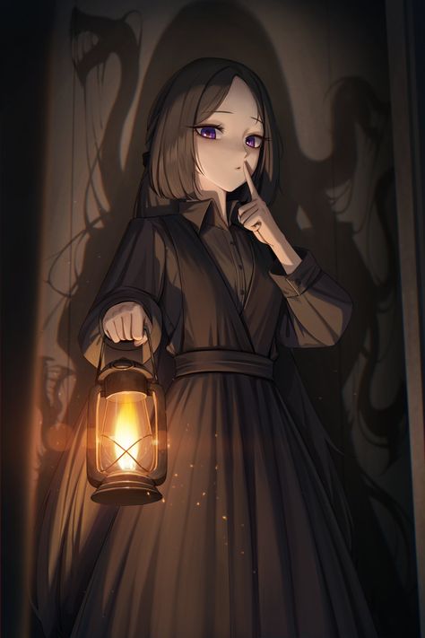 Long Dress Long Sleeves, Shadow Dress, Dark Brown Long Hair, Holding Lantern, Brown Hair Bangs, Flare Long Dress, Lantern Drawing, Lantern Art, Dark Purple Hair