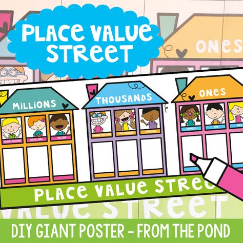 Place Value Street - Printable Poster to Teacher Place Value! | #FromThePond #TpT #TeacherTips #NumberSense #Printable #FirstGrade #SecondGrade #ThirdGrade #FourthGrade Place Value Houses Printable, Place Value House, Place Value Poster, Place Value Blocks, Number Place Value, Centers Kindergarten, Place Value Activities, Place Value Chart, Street Poster