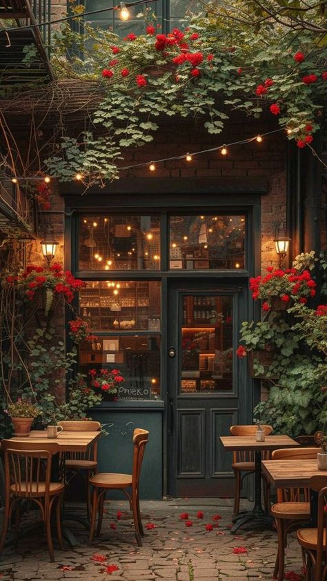 Cozy Coffee Shop Exterior, Flower Coffee Shop Aesthetic, Farm Shop Aesthetic, Cottage Coffee Shop, French Cafe Exterior, Moody Coffee Shop, Cozy Cafe Aesthetic, English Cafe, Forest Cafe