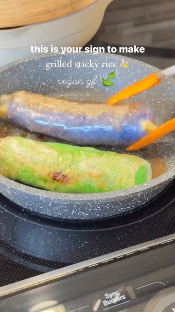 Kat Lieu on Instagram: "follow @katlieu for easy recipes and food hacks Vietnamese Grilled Banana in pandan and butterfly pea flower Sticky Rice (Chuối bọc nếp nướng) inspired dessert rolled in rice paper, pan fried, and dipped or soaked in coconut milk and sweet miso for a comforting and delicious dessert anytime- enjoy hot or chilled Caption: If you have a lot of ripe bananas like me but don’t want to make another banana bread Try this fun and easy dessert It’s inspired by a Vietnamese not-too-sweet dish where you wrap sticky rice over banana and grill it I added a layer of rice paper, because why not, and pan fried everything because my grill is collecting dust Then enjoyed it in a sweet miso and coconut milk sweet soup This is so delicious and comforting, definitely a new favorit Grilled Bananas, Sweet Soup, Sweet Dish, I Grill, Butterfly Pea Flower, Butterfly Pea, Pea Flower, Ripe Bananas, Sticky Rice