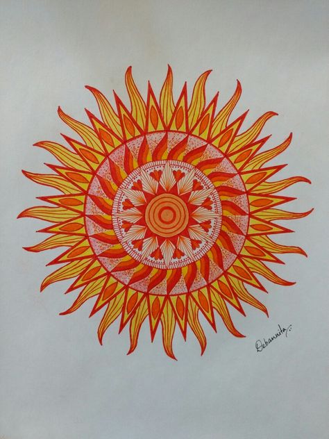 Sun mandala. Warm colors. Summer mandala. Mandala drawing by Debannita. Sunshine Mandala, Coloured Mandala, Summer Mandala, Mandala Sun, Drawing Mandala, Sun Mandala, Sun Drawing, Sunrise Colors, Yin Yang Tattoos