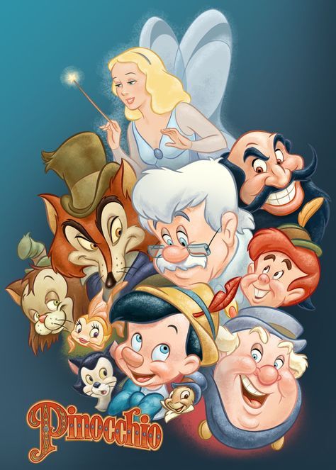 Pinocchio by Pedro Astudillo Pinokio Pinocchio, Pinocchio Wallpaper, Pinocchio 1940, Pinocchio Disney, Disney Movie Posters, Disney Animated Movies, Disney Cartoon Characters, Images Disney, Disney Posters