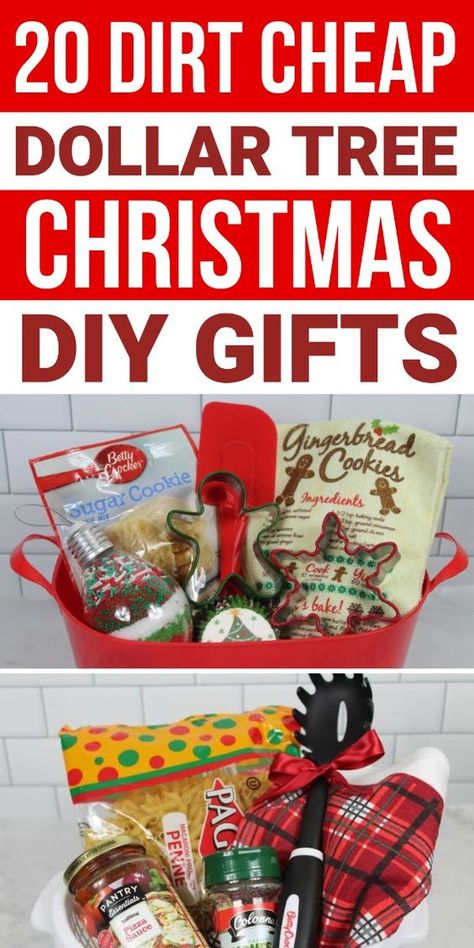 Need some cheap DIY Christmas gifts? These Dollar Tree Christmas gift ideas are super inexpensive and easy to make!! Includes cheap Dollar Tree gift baskets, like this cute holiday baking gift baskets and pasta gift basket! There are so many dollar store Christmas gift ideas you can easily make for friends, family, teachers, and more! Bath Towel Gift Ideas, Dollar Tree Secret Santa Ideas, Gift Basket Ideas From Dollar Tree, Cheap Prizes For Christmas Games, Diy Dollar Tree Gift Baskets, Teachers Gift Basket Ideas, Dollar Tree Christmas Gifts Ideas, Easy Christmas Gift Baskets, Christmas Prize Ideas