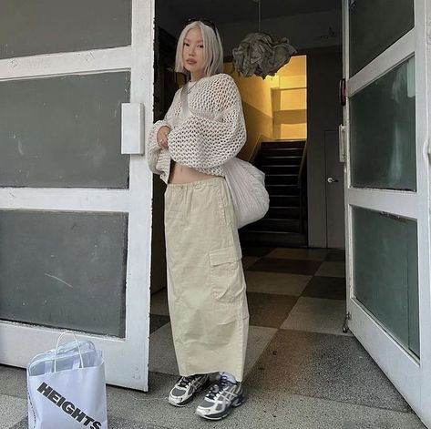 Modest Cargo Skirt, Acubi Long Skirt Outfit, Parachute Skirt Outfit Winter, Acubi Modest Outfits, Cross Net Sweater, Parachute Skirt Outfit, Mid Length Skirt Outfit, Long Cargo Skirt Outfit, Cos Bag