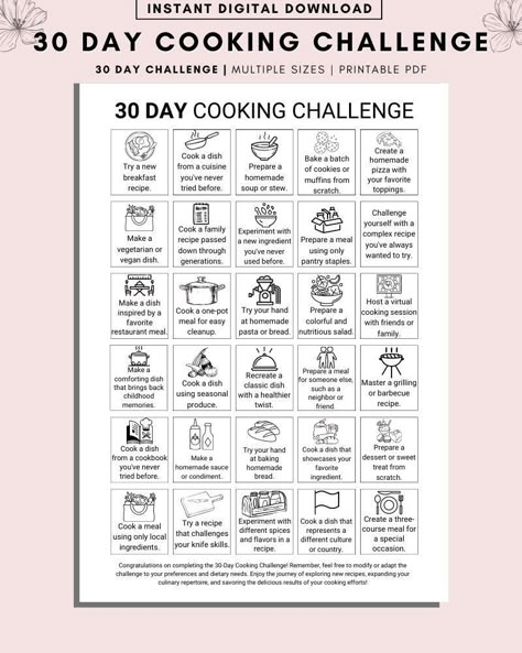 "This listing is for a 330 Day Cooking Challenge Printable, 30 day healthy eating challenge, 30 day food challenge, Cooking challenge ideas, 30 Challenge diet, challenge pdf, Printable savings challenge sheets, Habit Tracker, 30 Day Goal Tracker, 30 Day Tracker, Finance Tracker Digital Printable Download - Download your purchase instantly - No shipping fees WHO IS THIS LISTING FOR? For anyone looking for a progress tracker/printable to help them complete a 30 day challenge. This printable will help you stay focused, committed, and encouraged to meet whatever goal you set for yourself! This item is a digital download so print as many times as you want! I personally like this method because whenever I see my goals in front of me, I am more likely to achieve to them. This has proved to work f Healthy Food Challenge 30 Day, Healthy Challenge 30 Day Food, 30 Day Health Challenge Food, 30 Day Food Challenge, 30 Day Cooking Challenge, 30 Day Healthy Eating Challenge, Cooking Challenge Ideas, 30 Day Challenge Food To Avoid, 30 Day Challenge Food