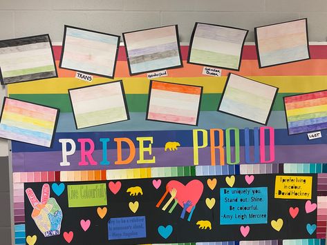 Pride bulletin board Lgbtq Bulletin Board Ideas, Pride Bulletin Board Ideas, Pride Bulletin Board, Pride Month Bulletin Board, April Bulletin Boards, Pride Ideas, October Bulletin Boards, Bullentin Boards, Door Decs