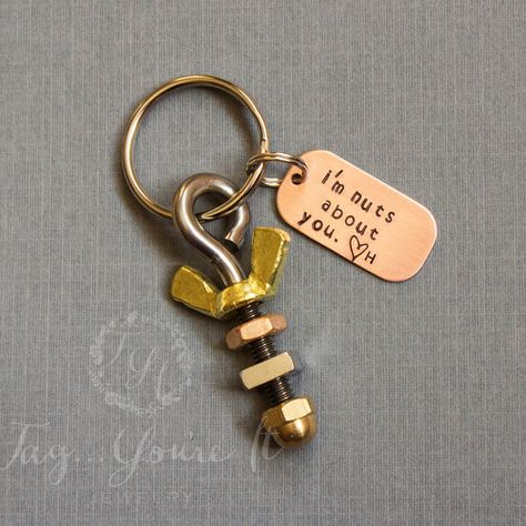 Mens Keyring- Nuts about you Keychain for Him- Manly Man, Nuts, Bolts, Tools, Unique Husband Gift Unique Husband Gifts, Keychain For Him, Diy Keyring, Surprise Gifts For Him, Thoughtful Gifts For Him, Romantic Gifts For Him, Diy Gifts For Mom, Unique Gifts For Dad, Initial Keychain