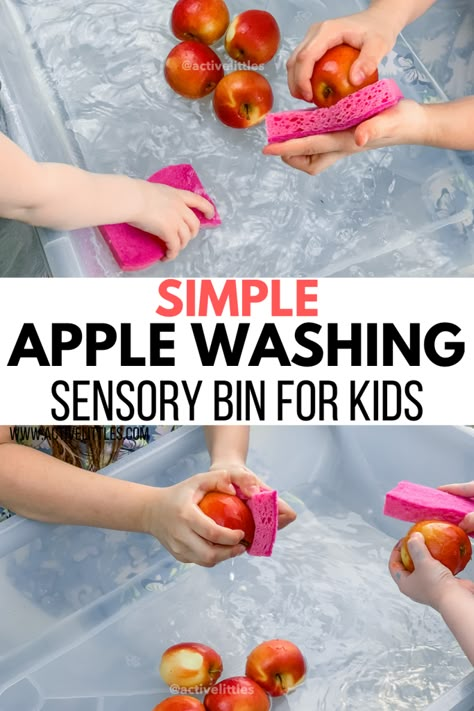 Apple Washing Sensory, Apples Process Art, Apple Sensory For Infants, Apples Preschool Theme Sensory Bins, Apple Themed Sensory Activities, Sensory Fall Activities Preschool, Activities With Apples For Preschoolers, Outdoor Apple Activities For Toddlers, Apple Curriculum For Toddlers