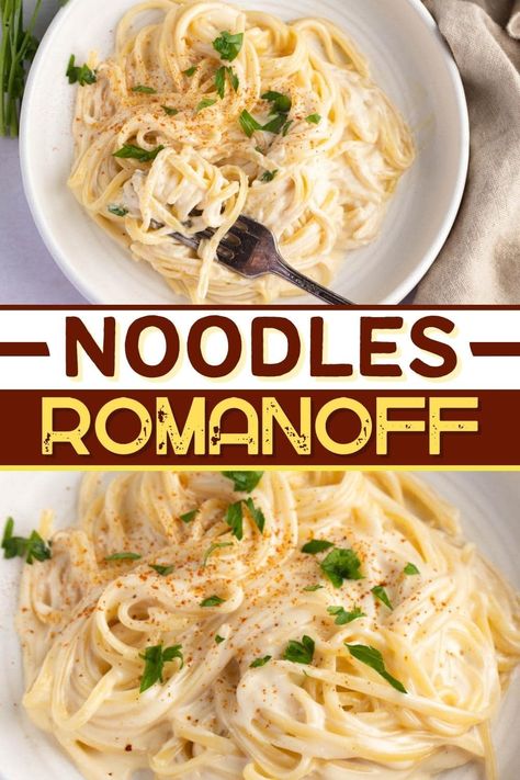 Try this recipe for noodles Romanoff for a dish the family will adore! Made with a few simple ingredients and lots of cheese, this dish is comfort food at its best! Spaghetti Noodle Side Dish, Pasta And Eggs Recipe, Diy Pasta Roni, Speggetti Noodles Recipe, German Egg Noodle Recipes, Cheese Noodles Recipes, Palmini Noodles Recipes, Roman Noodle Recipes, Noodles Romanoff Recipe