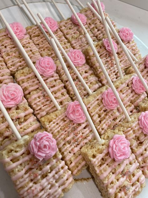 Pink Rice Krispies Rice Krispie Treats Flowers, Rice Krispies Decorated, Floral Rice Krispy Treats, Pink Chocolate Covered Rice Krispies, Baby In Bloom Rice Krispies, Pink Rice Krispie Treats, Baby In Bloom Treats, Flower Snacks, Pink Rice Crispy Treats