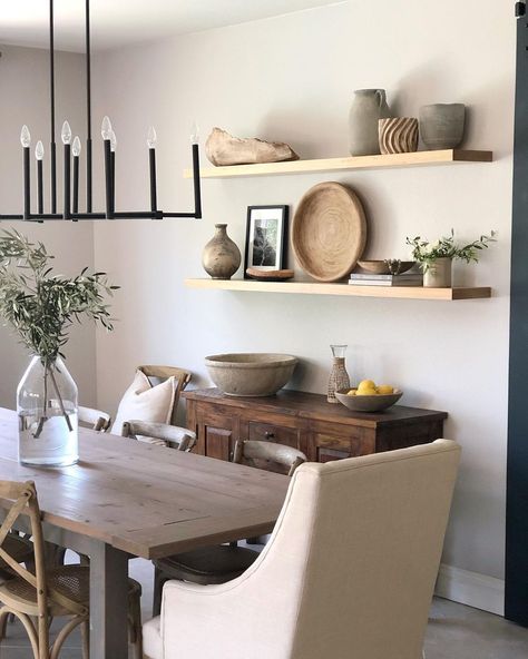 Urban + Gray Home ~Shelby on Instagram: “Who else is ready for Summer dinner parties that last late into the night filled with good food and good people? Hand raised over here.…” Floating Shelves In Dining Room, Shelves In Dining Room, Dining Room Floating Shelves, Dining Room Shelving, Corner Shelf Ideas, Dining Room Shelves, Hand Raised, Diy Dresser Makeover, Diy Accent Wall