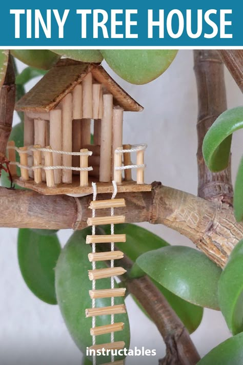 tinyIDs created this tiny tree house out of wood skewers, toothpicks, and tongue depressors. #Instructables #crafts #workshop #home #decor Plant Tree House Diy, Tiny Tree House For Plants, Diy Small Tree House, Tiny Treehouse Plant, Popsicle Tree House, Books Made Out Of Wood, Miniature Treehouse, Miniature Tree House, Mini Tree House