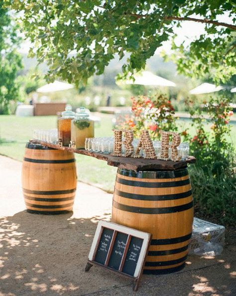 25 Outdoor Wedding Drink Station And Bar Ideas For Summer | Home Design And Interior Wedding Barrel Bar, Vineyard Wedding Decor, Rustic Vineyard Wedding, Wine Barrel Wedding, Wine Barrel Table, Wedding Drink Station, Barrel Wedding, Barrel Decor, Deco Champetre