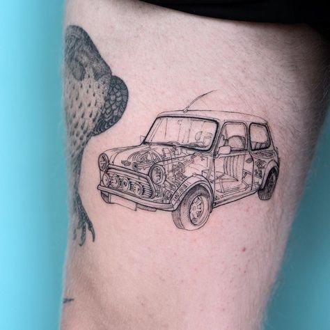 Mini Car Tattoo, Mini Cooper Tattoo, Cooper Tattoo, Tattoo Designs Symbols, Mini Cooper Classic, Car Tattoos, Tattoos Art, Mini Clubman, Cartoon Tattoos