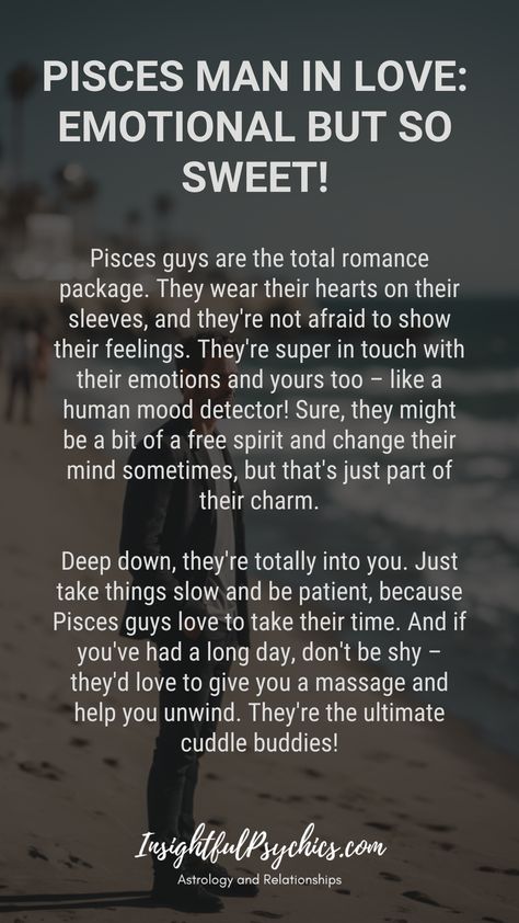 Pisces men are sensitive dreamers who love romance. They need a patient partner who can handle their gentle, sometimes unpredictable nature. In return, you get a deeply caring sweetheart! : #Pisces #watersign #dreamer #romance #sensitive #piscesman #piscesmen Pisces Traits Men, Pisces Man Scorpio Woman, Pisces Husband, Pisces Men Facts Relationships, Pisces Man Traits, Pisces Gemini Compatibility, Pisces Men In Love, Pieces Compatibility, Pisces In Love