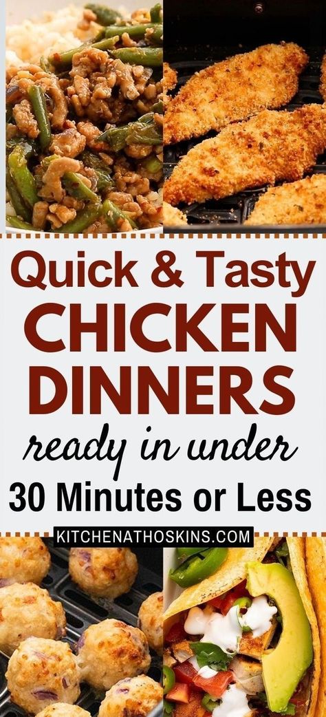 Discover easy 30 minute chicken recipes for dinner that are quick, healthy, breaded or Chinese stir fry recipes. You will find curries, chicken burgers, meatballs and also crispy tenders for kids meal for an easy weeknight dinner solution. Get the best 30 minute chicken dinner recipes at kitchenathoskins.com. Lite Chicken Dinner Recipes, 30 Minute Chicken Recipes, Chinese Stir Fry Recipes, Easy Dinner Ideas Chicken, Quick Chicken Dishes, Chicken For Two, Crispy Tenders, 30 Minute Meals Chicken, Chicken Chickpeas