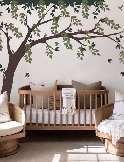 [ITEM NO. 91390] Tree, Leaves and Birds Wall Decal * Decal Set Size: 117"w x 96"h (approx.) [SET INCLUDED] ♥ Tree/♥ Leaves/♥ Birds * Above items are all separated so you can place them wherever you wish. * This is an exclusive design only from pink n blue Baby! [INFORMATION ABOUT PRODUCT] * Included FREE application tool and detailed Step-by-step instruction with every purchase. * All of our decals can be custom-sized colors. please ask for a quote. * We only use high-quality commercial grade re The Giving Tree Nursery, Vines In Nursery, Garden Inspired Nursery, Tree Themed Nursery, Unisex Baby Nursery Ideas, Painted Nursery Walls, Pnw Nursery, Nursery Ideas Animals, Nursery Tree Mural