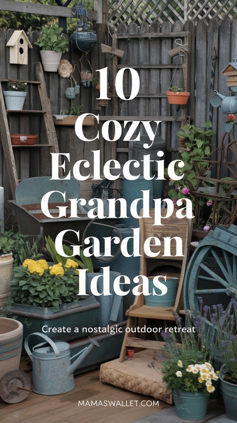 Charming garden filled with vintage elements like a rustic chair, watering can, and pots, perfect for an eclectic and cozy grandpa garden feel. mamaswallet.com Sitting Areas In Garden, Camping Garden Ideas, Small Rustic Garden Ideas, Easy Garden Art, Decorating Patio With Plants, Decorating Outdoor Spaces, Garden People Ideas, Cozy Garden Corner, Garden Crafts To Sell