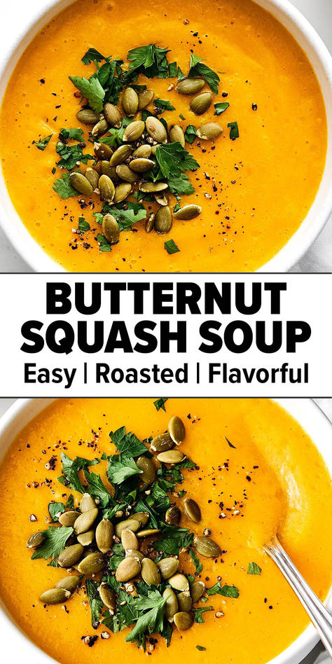 Roasted butternut squash soup recipe. No Cream Butternut Squash Soup, Butter Squash Soup, Butternut Squash Soup With Coconut Milk, Butter Nut Squash Soup With Coconut Milk, Vegan Creamy Butternut Squash Soup, Roasted Butternut Squash Soup Coconut Milk, Easy Fall Dinner, Healthy Butternut Squash, Butternut Squash Soup Recipe