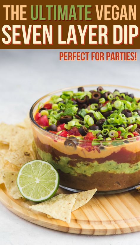 This Vegan Seven Layer Dip is made of layers of Refried Beans, Guacamole, Queso, and more...making it a perfect appetizer or party treat! Gluten Free & Oil Free #vegan #plantbased #dip #partydip #healthyappetizer #appetizer #sevenlayerdip #refriedbeans #guacamole #glutenfree #gameday #potluck via frommybowl.com Vegan Bean Dip, Layer Bean Dip, 7 Layer Bean Dip, Bean Dip Recipe, Layered Bean Dip, Layered Taco Dip, Vegan Bean, Bean Dip Recipes, Seven Layer Dip