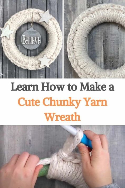 Here is a very simple and fun tutorial for you! All you need for this easy tutorial is a super chunky/bulky/jumbo yarn, a crochet hook, super glue, and a foam crown. After that, you can add as many cute ornaments as you want! In this tutorial, the lovely Rebecca from Yarn and Chai will teach you how to cover a foam wreath with chunky yarn to create a pretty and simple base for your wreath projects this holiday season. This is an EASY technique! Even if you don't crochet, you can still go... Yarn And Chai, Crafts With Chunky Yarn, Wreath Base Ideas, Diy Wreath Base, Foam Wreath Ideas, Foam Wreath Ideas Diy, Chunky Yarn Wreath Diy, Jumbo Yarn Crochet, Diy Yarn Wreath Tutorial