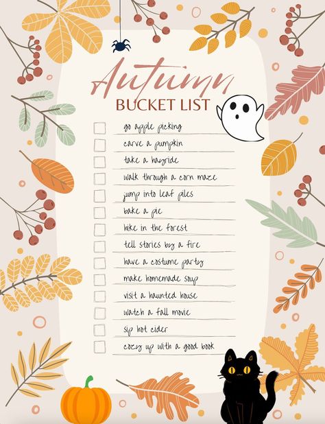 Autumn Fall Halloween Checklist Digital Download - personal use only! Print this for your fridge or planner and make a checklist game for the whole family. Size: 1545x2000 Autumn Checklist Aesthetic, Autumn Manifestation, Autumn Todo List, Autumn Bucket List Journal, Halloween To Do List, Autumn Checklist, Halloween Checklist, Autumn Bucket List Kids, Fall/halloween Bucket List