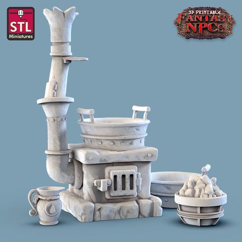 Cooking stove, perfect for any tabletop rpg. The original sculpt is by STL Miniatures. The mini is 32mm scale, but can be printed at a different scale upon request. Please message me for quotes on larger prints or to have the miniatures painted. Scale varies slightly from sculptor to sculptor. If you need to match scale on another miniature, please let me know! 3D printed minis ship unassembled and unprimed, and they are printed with abs like resin. Final prints may differ slightly from the rend Stl Miniatures, Medieval Toys, Pot Belly Stove, Witch Room, Bloxburg Builds, Diy Miniatures, Render Image, Props Art, Cooking Stove