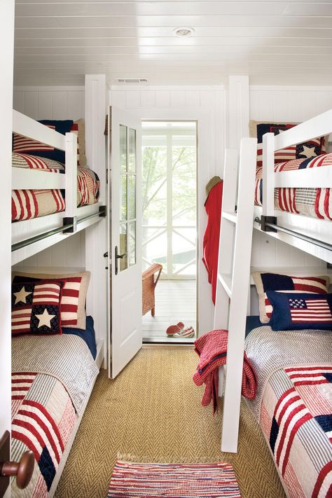 Bunk Room | How one couple turned a run-down Georgia lake house into the retreat of their dreams. Ideas Terraza, Lake House Bedroom, Bunk Rooms, Lakeside Cabin, The Lake House, Lake House Ideas, Lake Cabin, American Flags, Lake Cottage