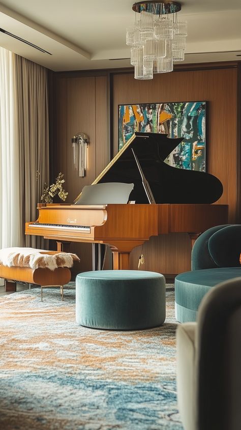 Create a harmonious retreat with a Libra-inspired music room 🎶⚖️. Balanced instrument arrangement ensures aesthetic flow 🎸🎻, while acoustic panels enhance sound quality 🎵. Relax in comfortable seating 🛋️ and be inspired by stunning artwork 🎨. Perfect for nurturing creativity and tranquility! 🌟 Baby Grand Piano In Living Room, Music Room Layout, Music Room With Piano, Music Room Interior Design, Grand Piano Living Room, Music Room Ideas, Piano Living Rooms, Piano Lounge, Latin Grammys