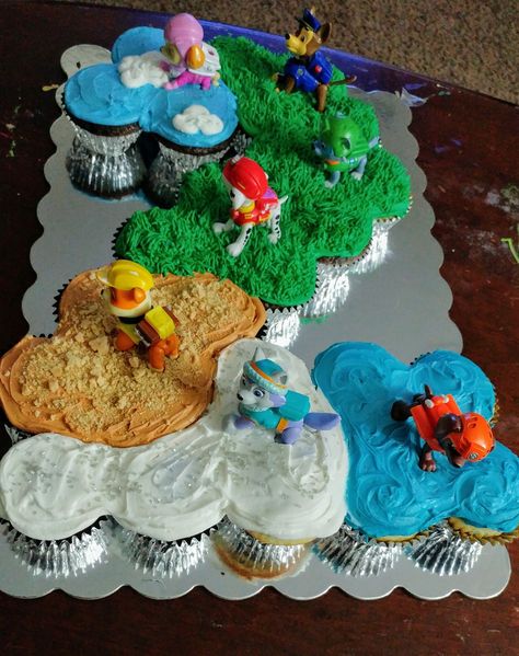 Paw Patrol Cupcakes 3rd Birthday, Paw Patrol Bone Cupcake Cake, Paw Patrol Birthday Desserts, Paw Patrol Party Cupcakes, Rainbow Paw Patrol Party, Diy Paw Patrol Cupcakes, Number 3 Paw Patrol Cupcake Cake, 2 Year Birthday Paw Patrol, Paw Patrol Cake 2nd Birthday