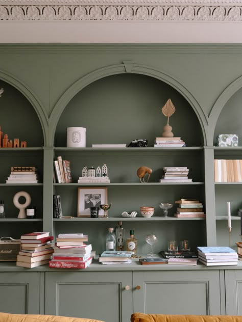 Colored Built In Cabinets, Best Built Ins, Built In Shelves Living Room Green, Olive Green Bookcase, Arches Built Ins, Arched Bookshelves Built Ins, Green Bookshelves Built Ins, Green Built In Shelves, Olive Green Built Ins