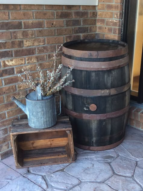 My awesome whiskey barrel, front door decor! Barrel Garden Ideas, Whiskey Barrel Decor, Tattoos Architecture, Wine Barrel Decor, Design Quotes Art, Travel Tattoos, Barrel Decor, Whiskey Barrels, Art Humor