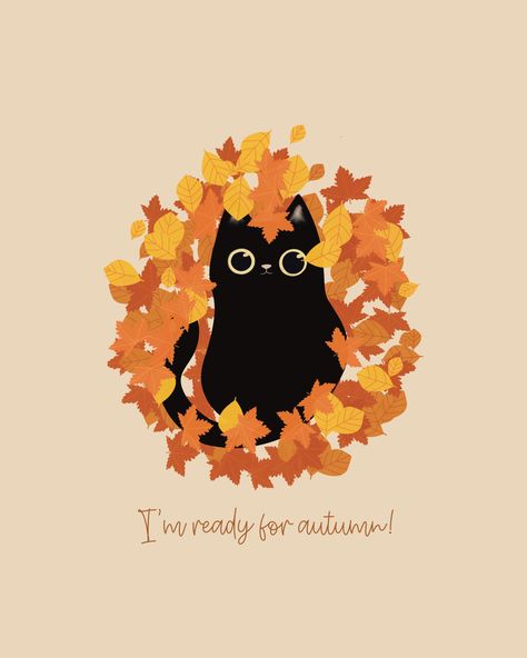 Cute black cat covered in autumn leaves enjoying autumn. Cat illustration drawn in Procreate. It has a boho brown Color background Animals With Glasses Art, Fall Cat Illustration, Black Cat Fall Wallpaper, Autumn Cat Illustration, Autumn Cat Art, Fall Cat Art, November Illustration Art, Sleepy Cat Illustration, Autumn Cat Wallpaper