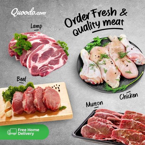 Order fresh meat online, Beef, Mutton, Lamb/Sheep, Veal &amp; Chicken. Quoodo online store UAE offers farm fresh meat at the best rate &amp; Free Delivery. Grocery Home Delivery, Grocery Shopping App, Mega Mart, Meat Store, Meat Delivery, Meat Shop, Fresh Chicken, Tender Beef, Fresh Meat