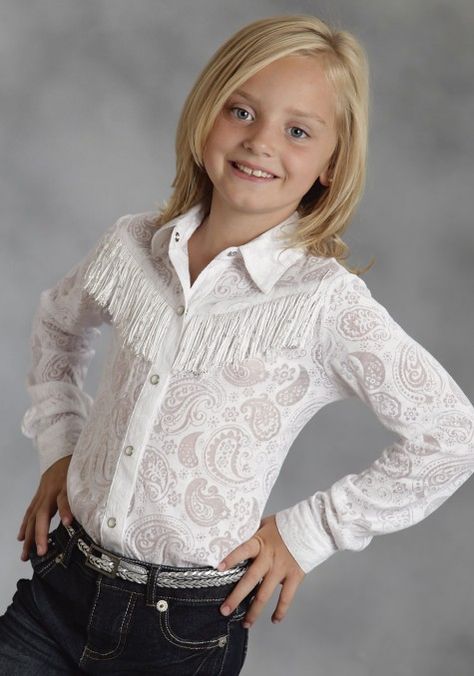 GlitteryWhite Fringe ~ Girl's Old School Western Styling With A Modern Twist Girls Western Shirts, Cowboy Shirts For Men, Pop Star Costumes, Girls White Shirt, Western Show Clothes, Western Show Shirts, Fringe Shirt, Western Clothing, Rodeo Shirts