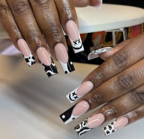 White Cow Print Nails, Trippy Nail Art, Cow Print Nails, White Cow Print, Cow Nails, Colored Acrylic, Colored Acrylic Nails, Print Nails, White Cow