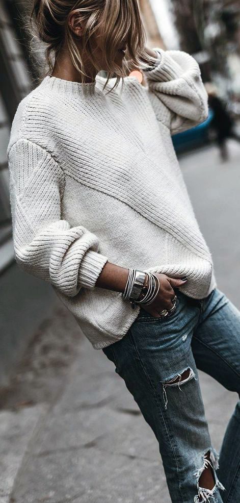 Fall | Jeans | Luvtolook | Virtual Styling Norwegian Knitting, Pullover Outfit, Looks Chic, Sweater Pattern, White Sweaters, Look Fashion, Long Sleeve Sweater, Casual Chic, Casual Style