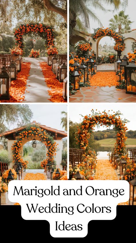 Marigold and orange wedding ceremony decor featuring floral arches, aisle runners, and lanterns filled with orange blooms. Marigold Centerpiece Wedding, Marigold Flower Wedding, Marigold Flower Bouquet, Marigolds Wedding, Marigold Wedding Decoration, Orange Wedding Theme, Marigold Wedding, Orange Wedding Themes, Floral Arches