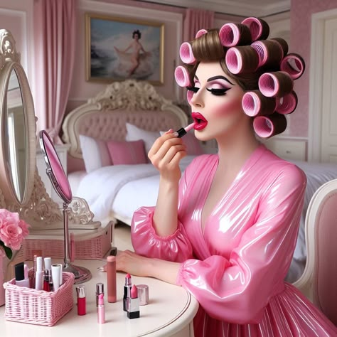 Sleep In Hair Rollers, Drag Fashion, Trans Art, Girls Attire, Barbie Makeup, Queen Makeup, French Maid, Makeup Salon, Blonde Hair Looks