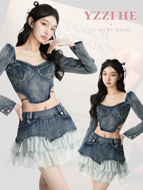 Denim Kpop Outfit, Preformance Outfits, Floral Outfit, Kpop Fashion Outfits, Really Cute Outfits, Performance Outfit, Stage Outfits, Kpop Outfits, Korean Outfits