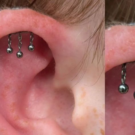 Kim Hutchinson on Instagram: "Hidden Helix Piercings are suuuper popular at the moment! You need a pronounced helix fold for these to work, and so fall into the 'anatomy dependent piercings' category. This beauty was done by me with a plain barbell (nothing dangly is recommended for fresh piercings!) a while ago, and it was time for the 'goal jewellery'! We kept the classic look of beaded attachments going with this gorgeous piece form @ticouturejewellery 😻 

#hiddenhelix #hiddenhelixpiercing #piercingchain" Hidden Piercings, Upper Helix Piercing, Hidden Helix Piercing, Hide Piercings, Helix Piercings, Double Helix, Helix Piercing, Pretty Jewellery, Helix