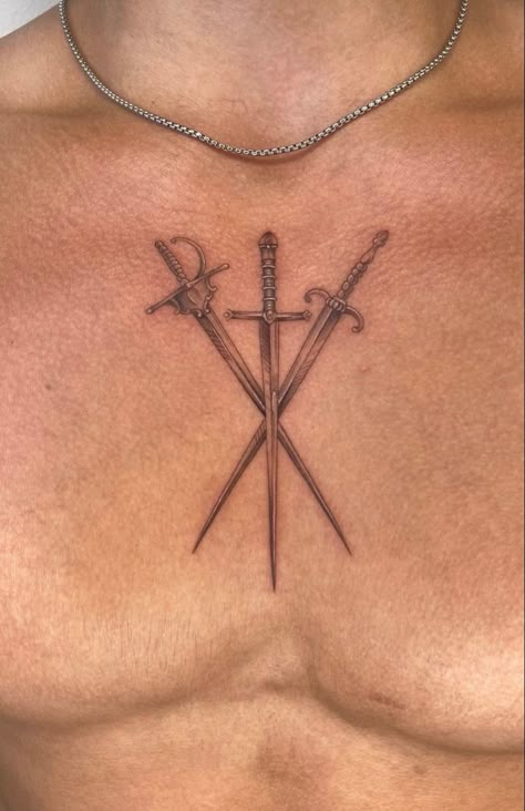 Chest Knife Tattoo, Crossing Swords Tattoo, Mid Evil Tattoos For Men, Top Back Tattoo Men, Cross Swords Tattoo Design, Mythology Tattoos Men, 3 Swords Tattoo, Knight Chess Piece Tattoo, Three Swords Tattoo Design